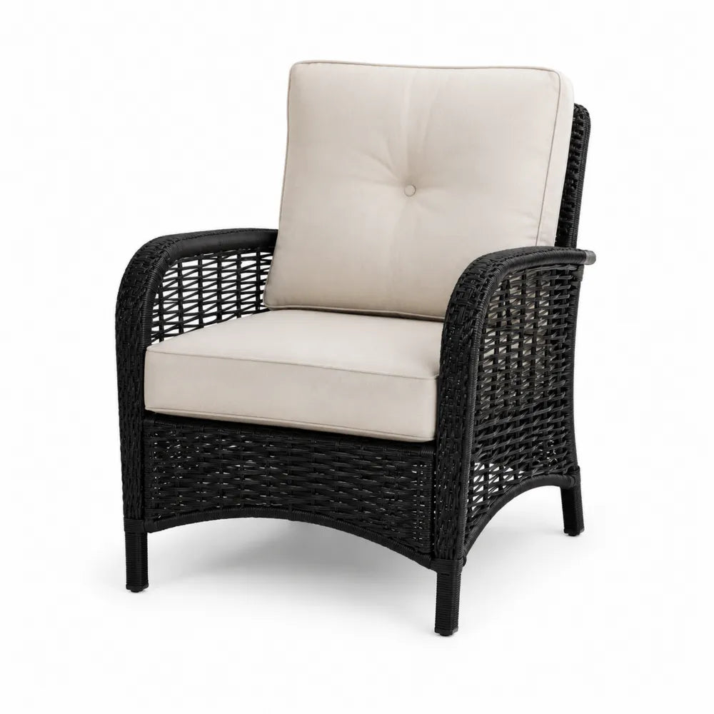 Rattan Sessel Schwarz mit Polyesterkissen Creme