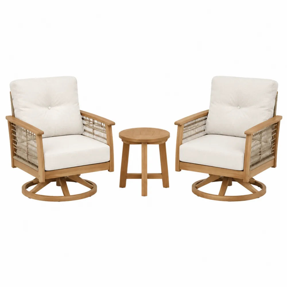 Gartenmöbel-Set aus Akazienholz mit 2 Drehstühlen und Tisch in Creme