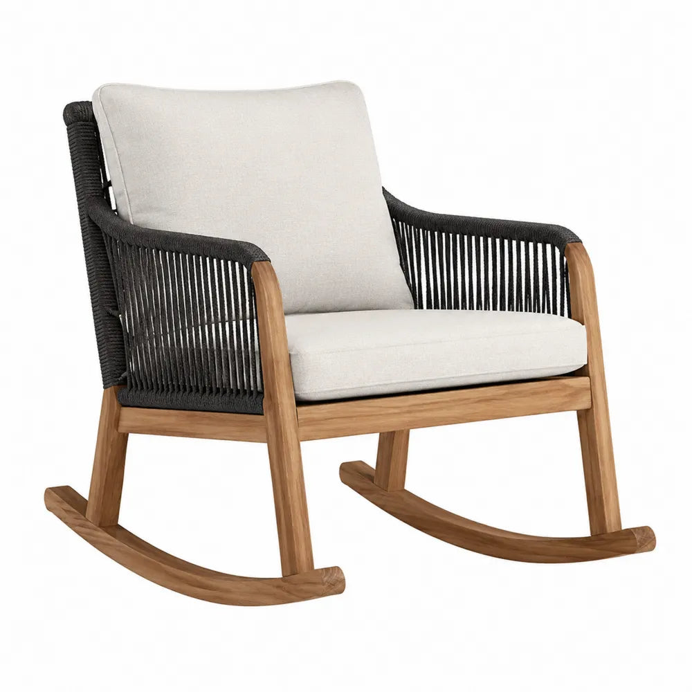 Schaukelstuhl aus Teakholz mit Polyester-Seilgeflecht, Schwarz/Beige