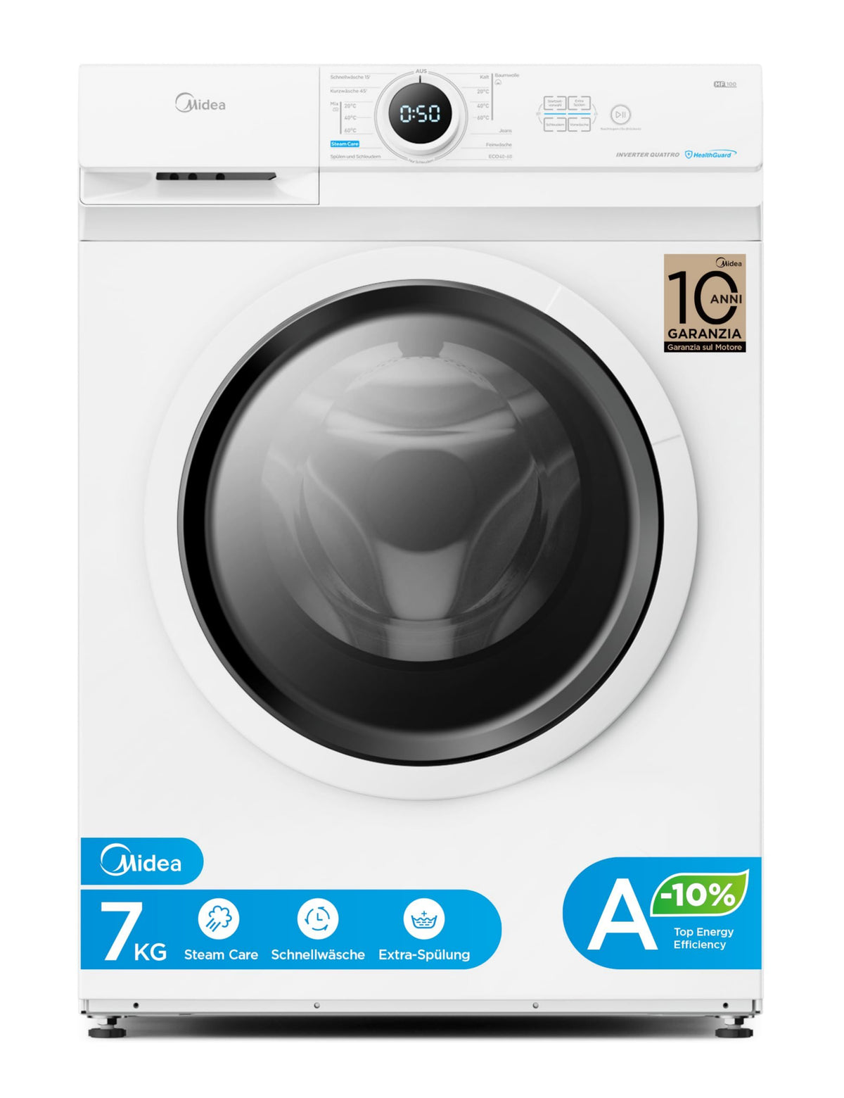 Midea Waschmaschine MF10EW70BA10 7 kg 1400 U/Min ADampffunktion Inverter Quattro Motor, Fassungsvermögen: 7 kg