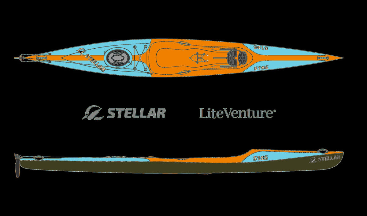 Kingfisher Sit-on-Top-Kajak mit Heckruder, Multisport-Layup in Teal, Orange und Sichtcarbon