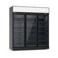 Kühlvitrine Kühlregal mit 3 Glastüren & Leuchtaufsatz, Schwarz, Umluftkühlung, 1530 L Volumen, 6,57 kW Leistung, 1530 Liter Fassungsvermögen