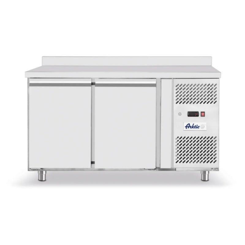 Profi Line Edelstahl-Kühltisch 280 l mit zwei Türen, Umluftkühlung und Arbeitsfläche mit Spritzrand