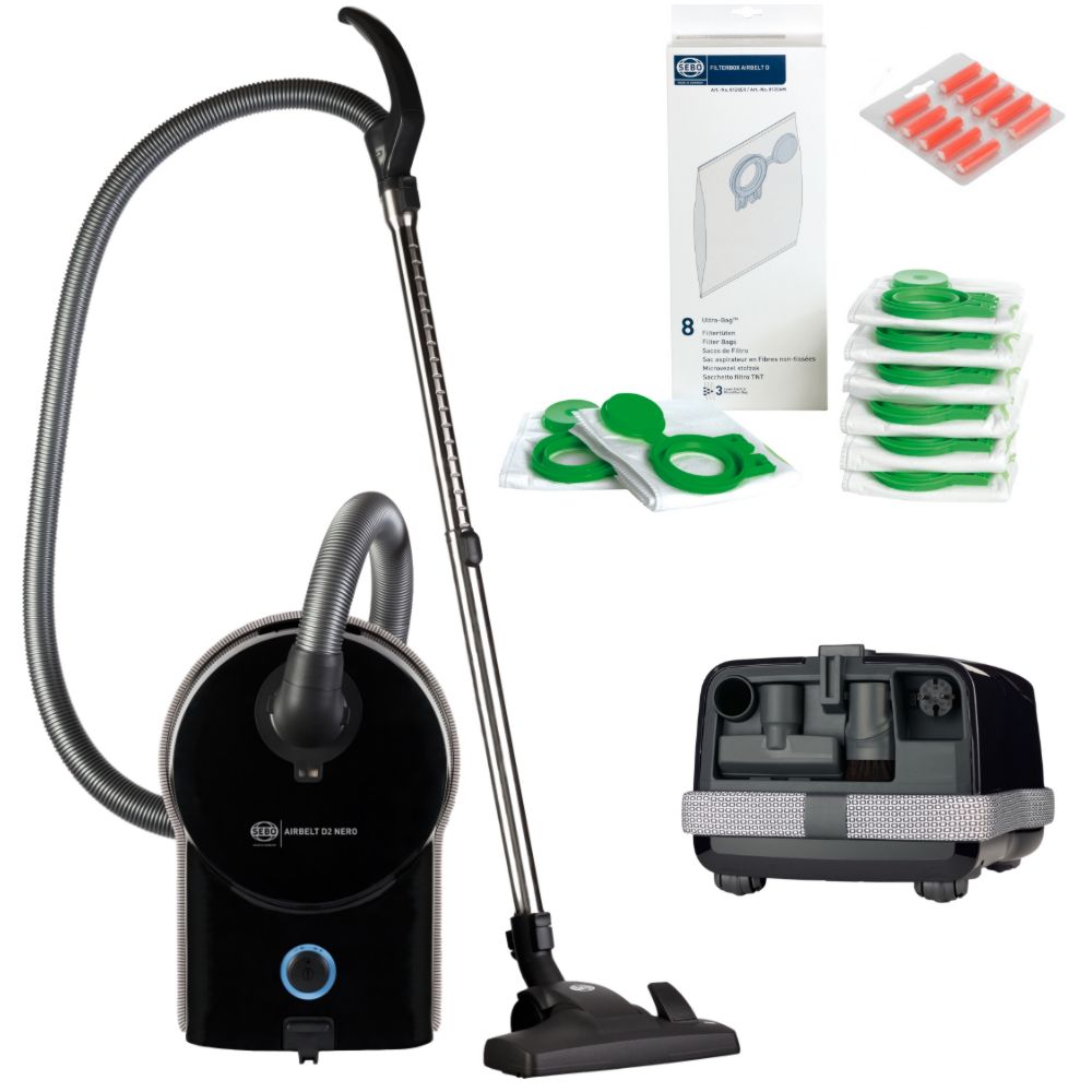 SEBO Airbelt D2 Nero Bodenstaubsauger mit Beutel, 890-W-Motor, 6-L-Filtertüte und Zubehör