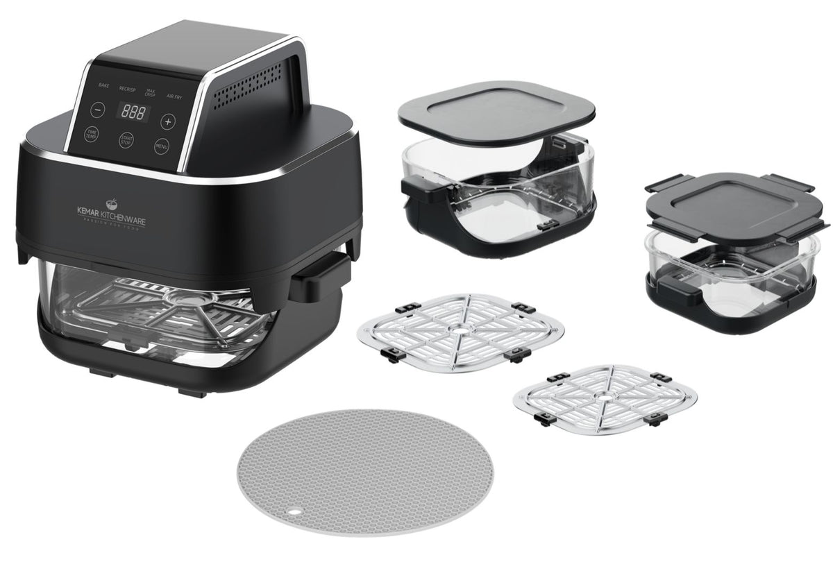 KeMar KHF-400 Heißluftfritteuse mit Glasbehältern 4 L und 1,5 L, 1500 W, Touchdisplay und Silikonunterlage