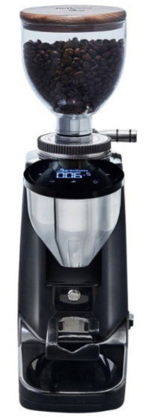 Bellezza Piccola Titanio 60 Kaffeemühle in Schwarz und Chrom mit 60-mm-Titanmahlscheiben und stufenloser Verstellung