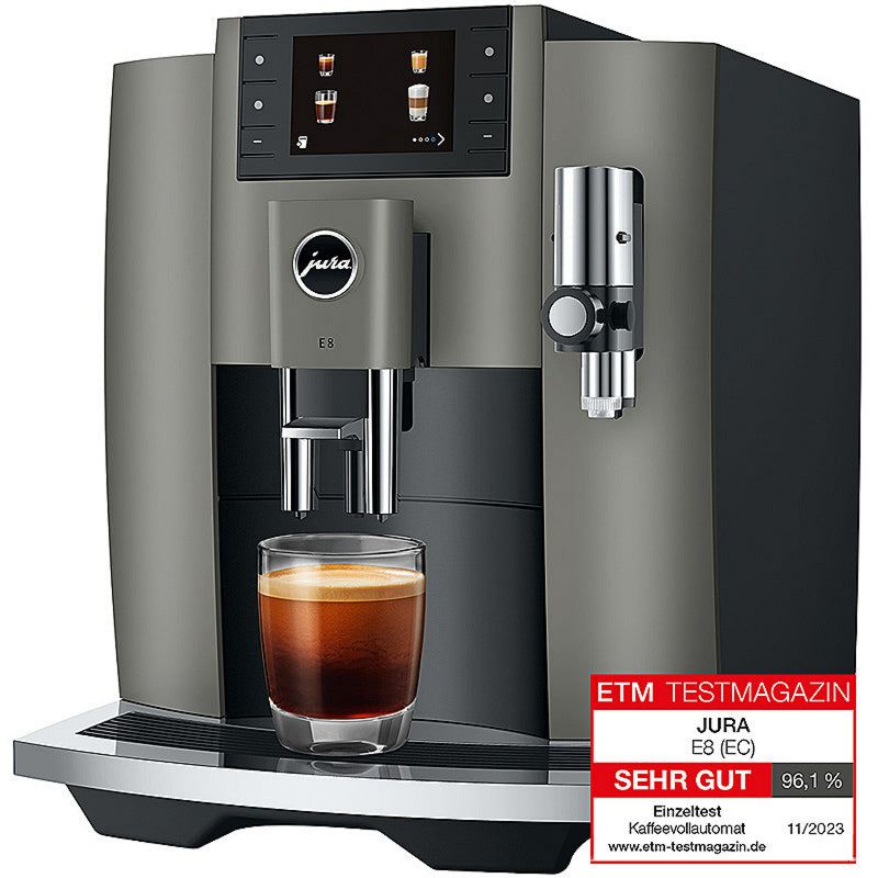 JURA Kaffeevollautomat E8 Dark Inox EC, 1.9 L Wassertank, 280 g Bohnenbehälter, Leistung: 230 V ~ / 1450 W, Maße B × H × T : 28 × 35.1 × 44.6 cm