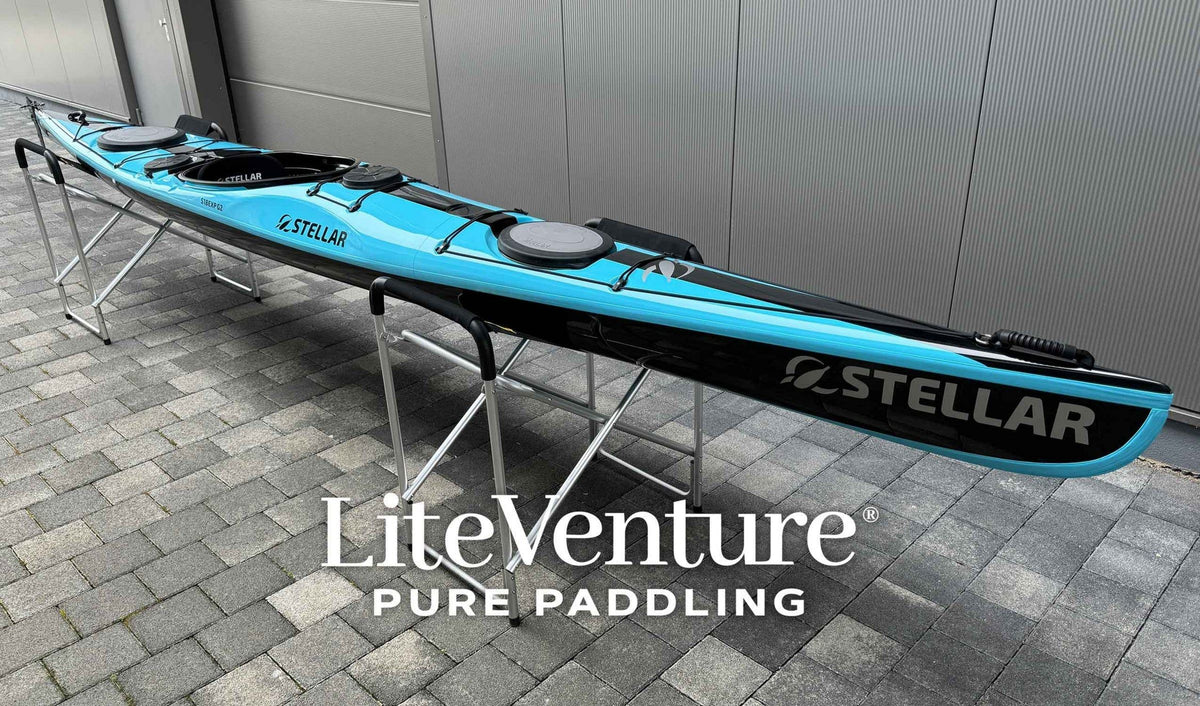 STELLAR Lightweight Kajak ST19 Mod teilbar-Multisport Layup Carbon/Kevlar-Tandem & Solo Kajak-hellblau schwarz mit Taschen-Set +445€