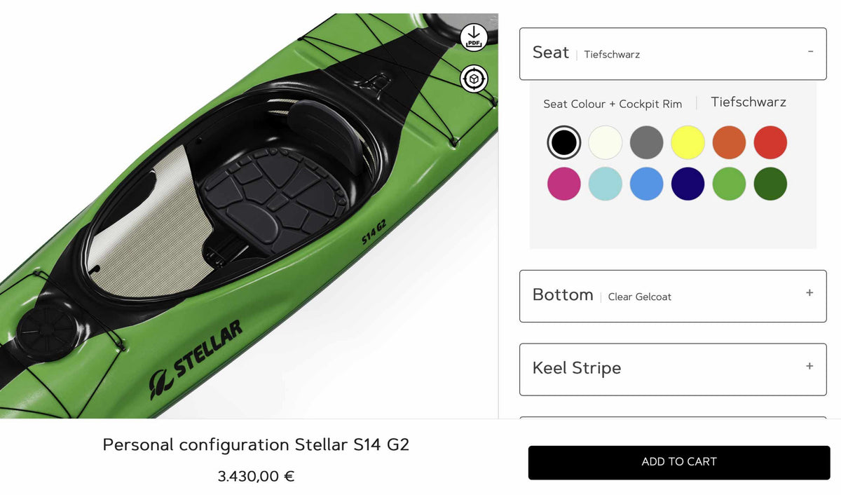 STELLAR Lightweight Kajak S14 G2 Mod- teilbar -Individuelle Konfiguration Advantage Layup mit Kielstreifen +120€ mit Taschen-Set +345€