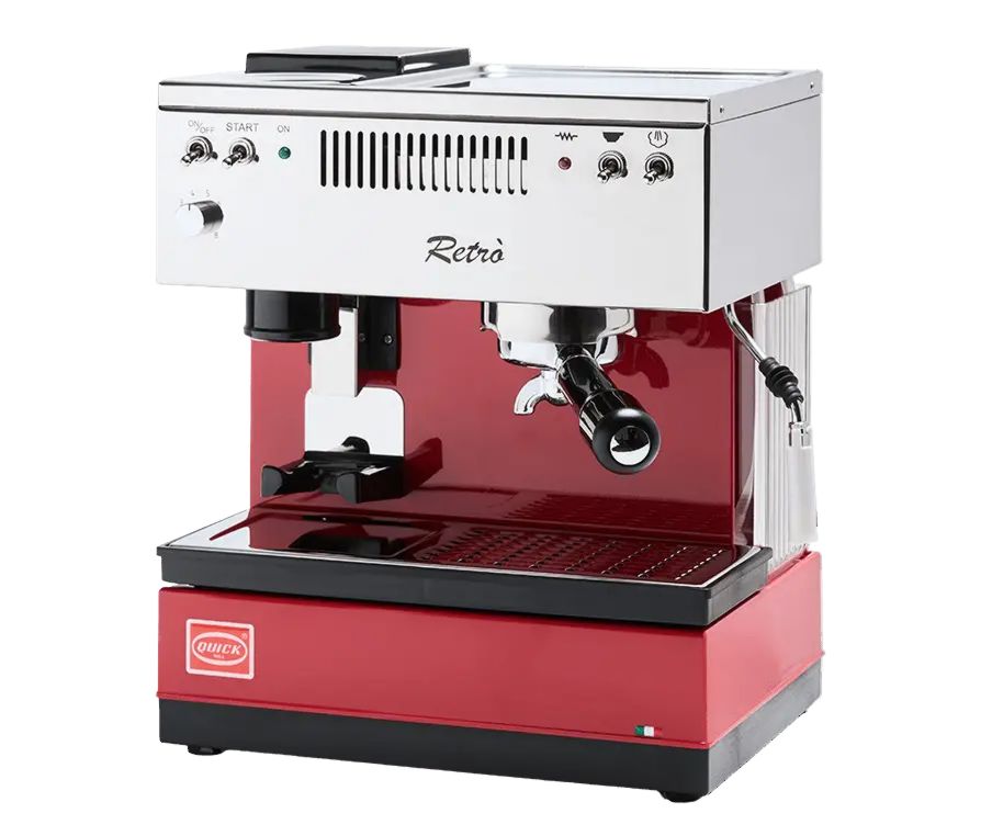 Quick Mill Siebträger-Espressomaschine Retrò – Kompakte Retro-Espressomaschine mit Mühle Rot, 43 mm Mahlwerk, 1,8 L Wassertank