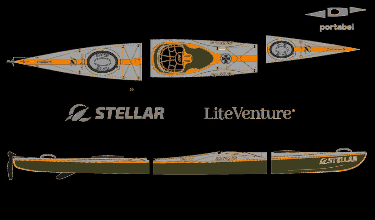 STELLAR Lightweight Kajak S16 G3 Mod-teilbares Tourenkajak-Multisport Layup-Modell mit Skeg-Grau/Orange/Sichtcarbon Steuer mit Skeg mit Taschenset