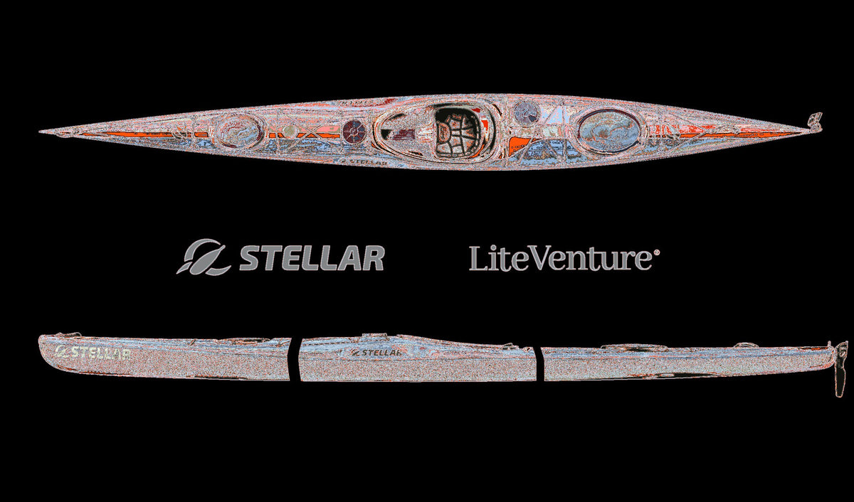 STELLAR Lightweight Kajak S18 Exp G2 Mod-Multisport Layup Carbon/Kevlar -teilbares Tourenkajak-Grau/Orange und Sichtcarbon mit Taschenset