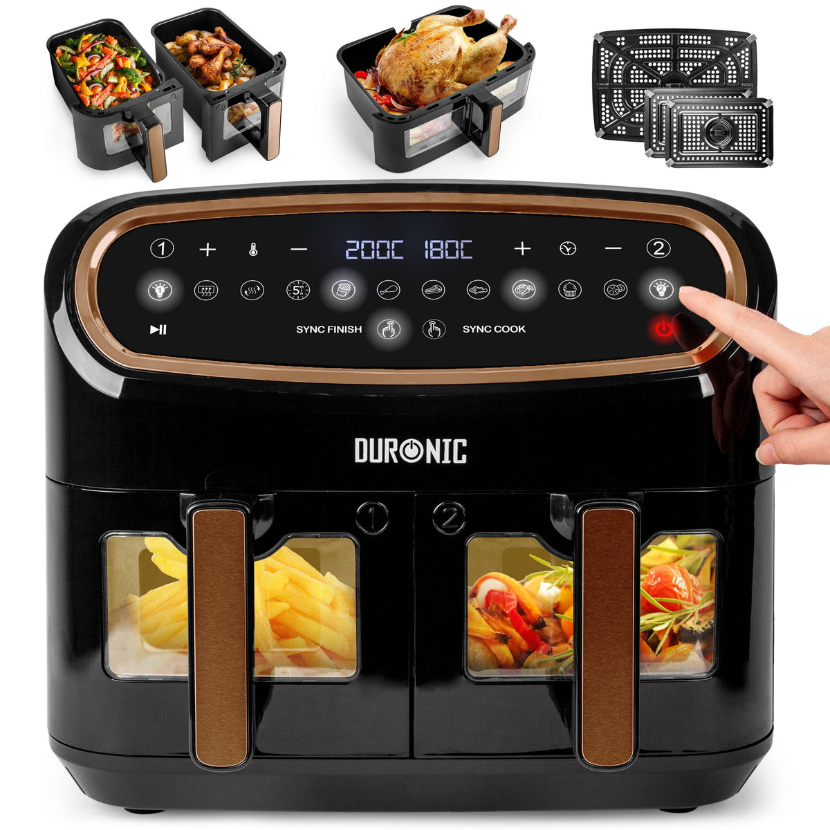 Duronic Heißluftfritteuse AF34 BG Dual Air Fryer, Doppel mit extragroßer Schublade, HLF Heißluftfriteuse für Süßkartoffel Pommes, Frittieren ohne Öl