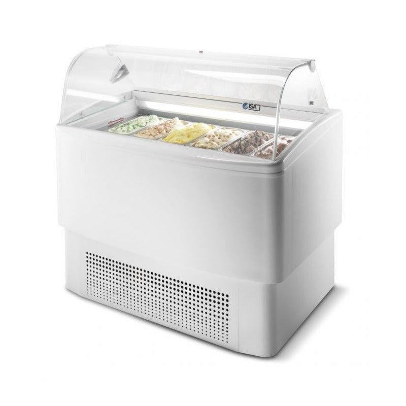 ISA Kühlvitrine Speiseeisvitrine FIJI 6 mit Umluft, gebogenes Glas, 1,21 Meter, Weiß, Umluftkühlung, 0,9 kW Leistung